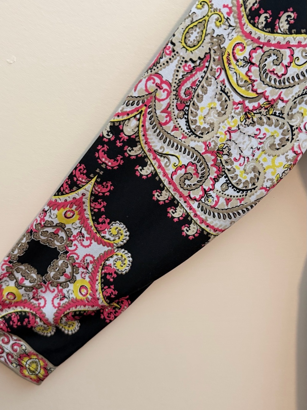 Susan Graver Black V-Neck Long Sleeve Paisley Top with Pink and Yellow Accents - Picture 4 of 6